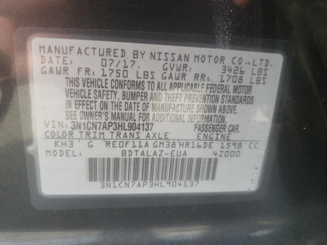 Photo 10 from auction – 2017 NISSAN VERSA S with VIN 3N1CN7AP3HL904137