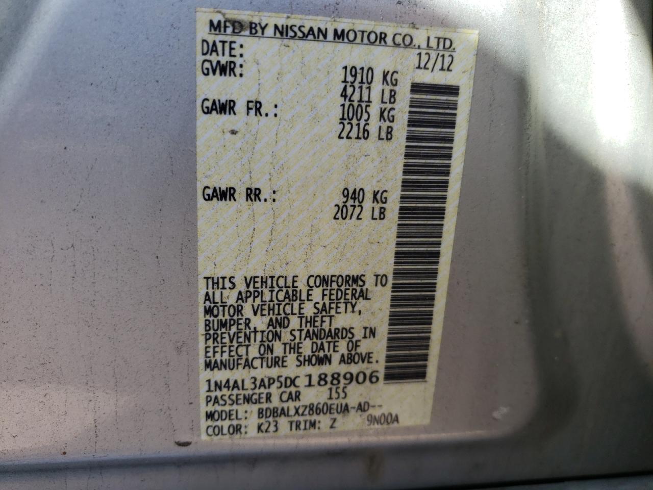 Photo 10 from auction – 2013 NISSAN ALTIMA 2.5 with VIN 1N4AL3AP5DC188906