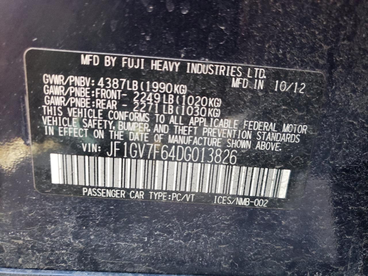 Photo 10 from auction – 2013 SUBARU IMPREZA WR with VIN JF1GV7F64DG013826