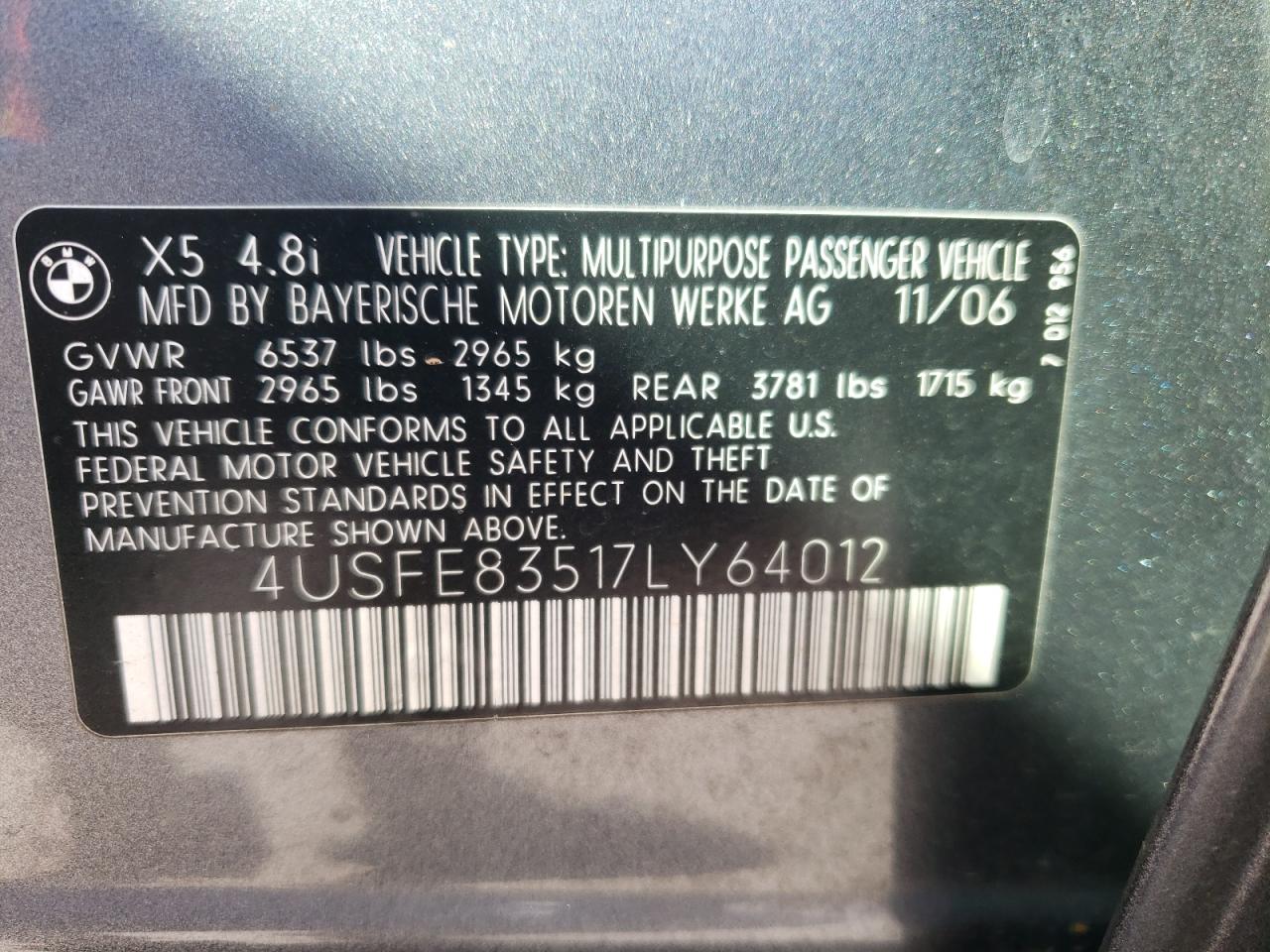 Photo 10 from auction – 2007 BMW X5 4.8I with VIN 4USFE83517LY64012