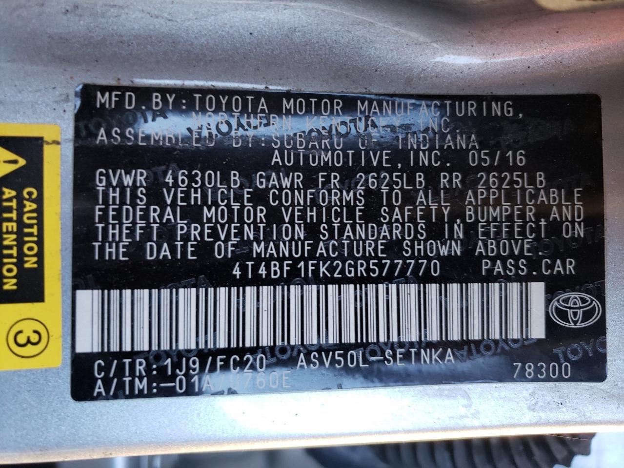Photo 10 from auction – 2016 TOYOTA CAMRY LE with VIN 4T4BF1FK2GR577770