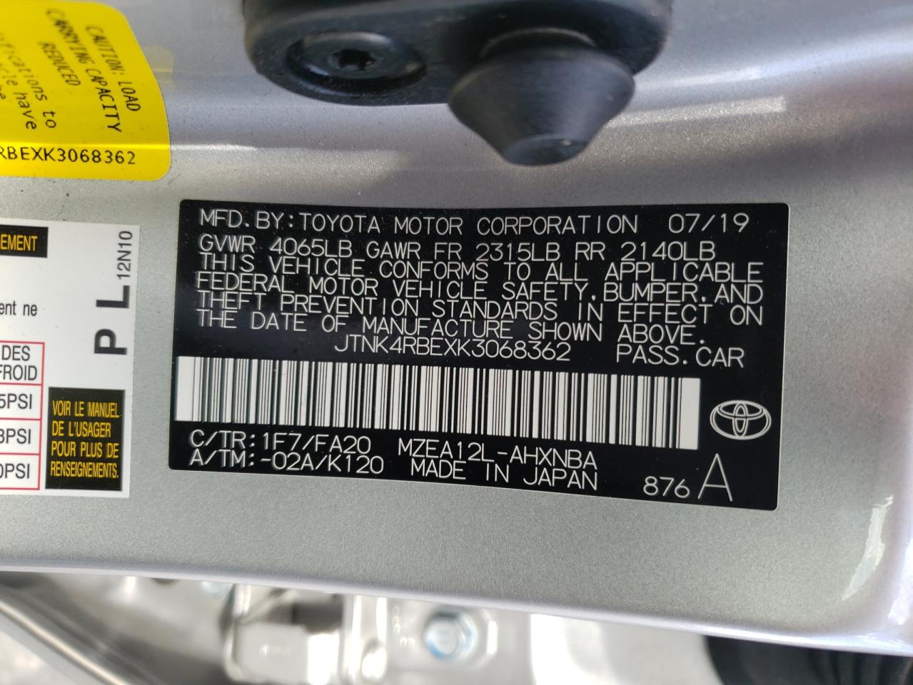 Photo 10 from auction – 2019 TOYOTA COROLLA SE with VIN JTNK4RBEXK3068362