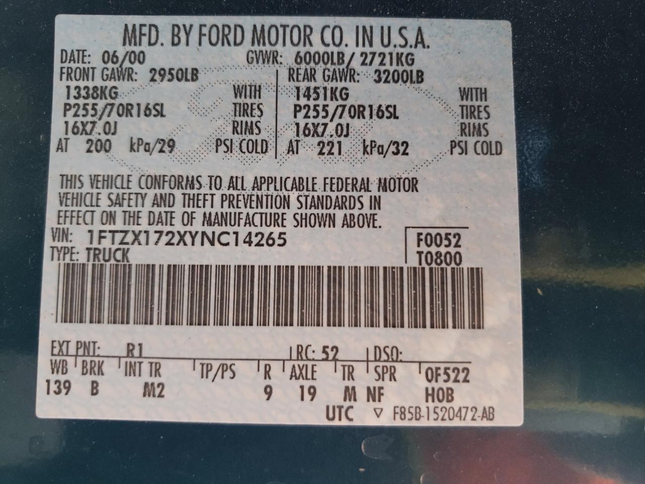Photo 10 from auction – 2000 FORD F150 with VIN 1FTZX172XYNC14265