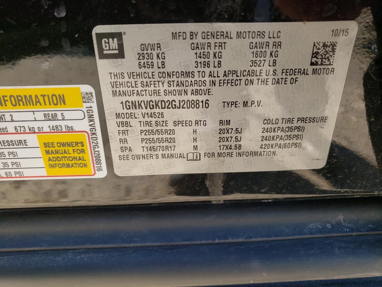 Photo 10 from auction – 2016 CHEVROLET TRAVERSE L with VIN 1GNKVGKD2GJ208816