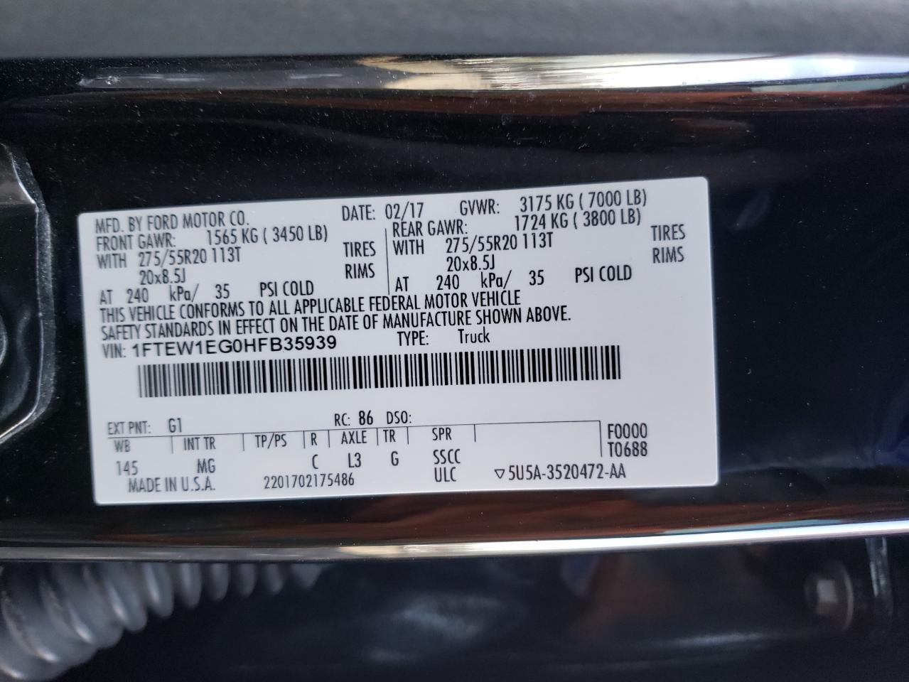 Photo 10 from auction – 2017 FORD F150 SUPER with VIN 1FTEW1EG0HFB35939