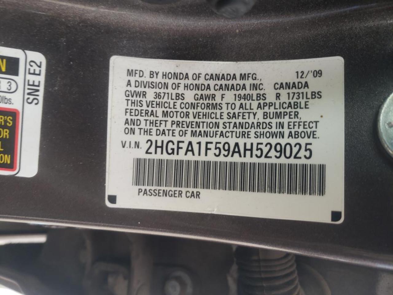 Photo 10 from auction – 2010 HONDA CIVIC LX with VIN 2HGFA1F59AH529025