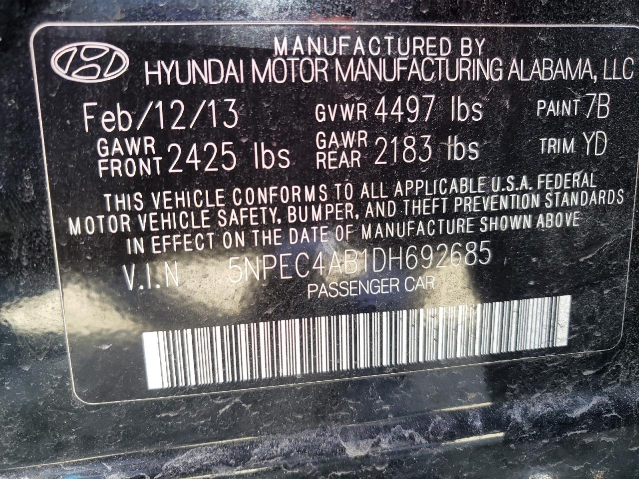Photo 10 from auction – 2013 HYUNDAI SONATA SE with VIN 5NPEC4AB1DH692685
