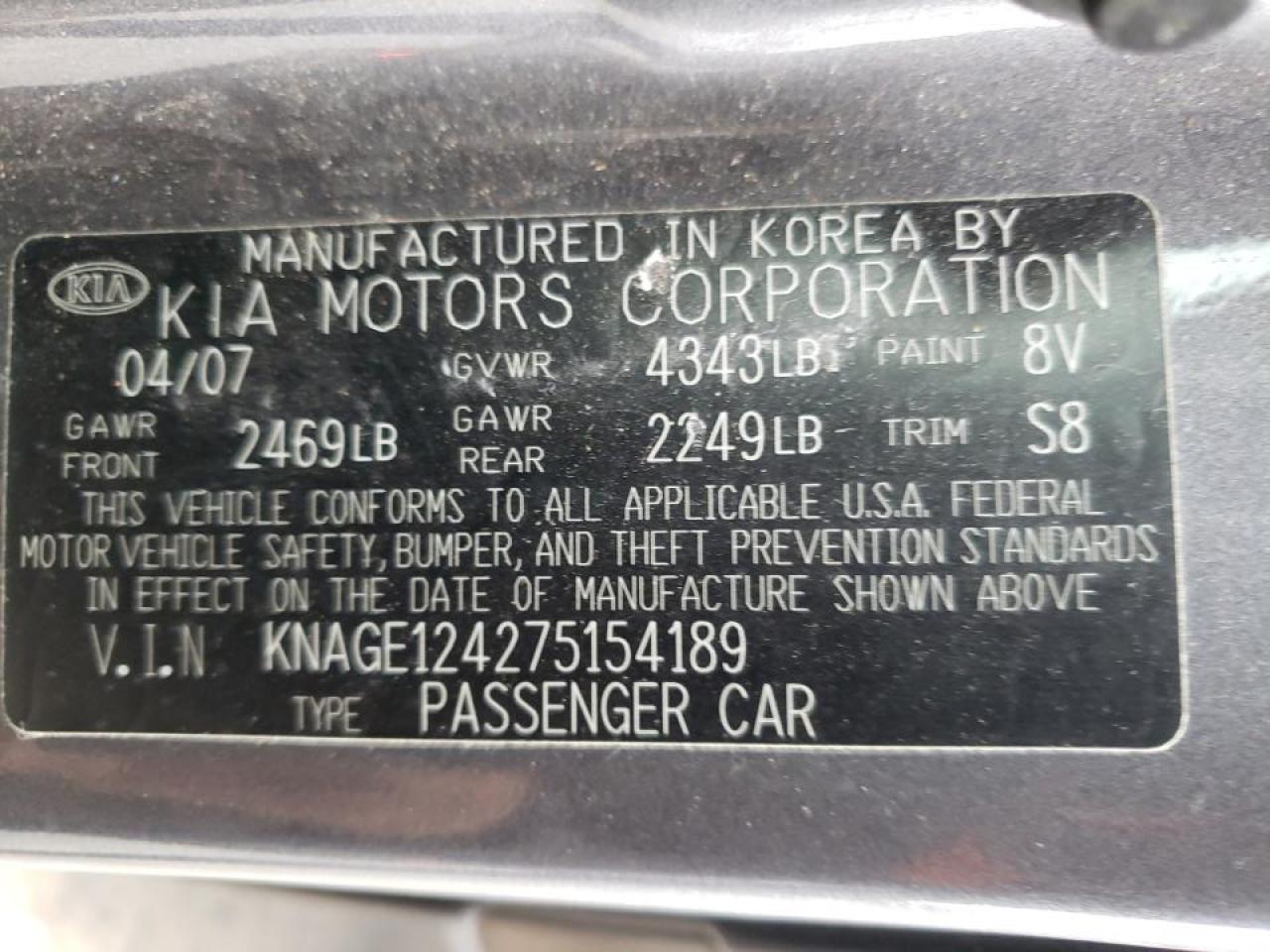 Photo 10 from auction – 2007 KIA OPTIMA LX with VIN KNAGE124275154189