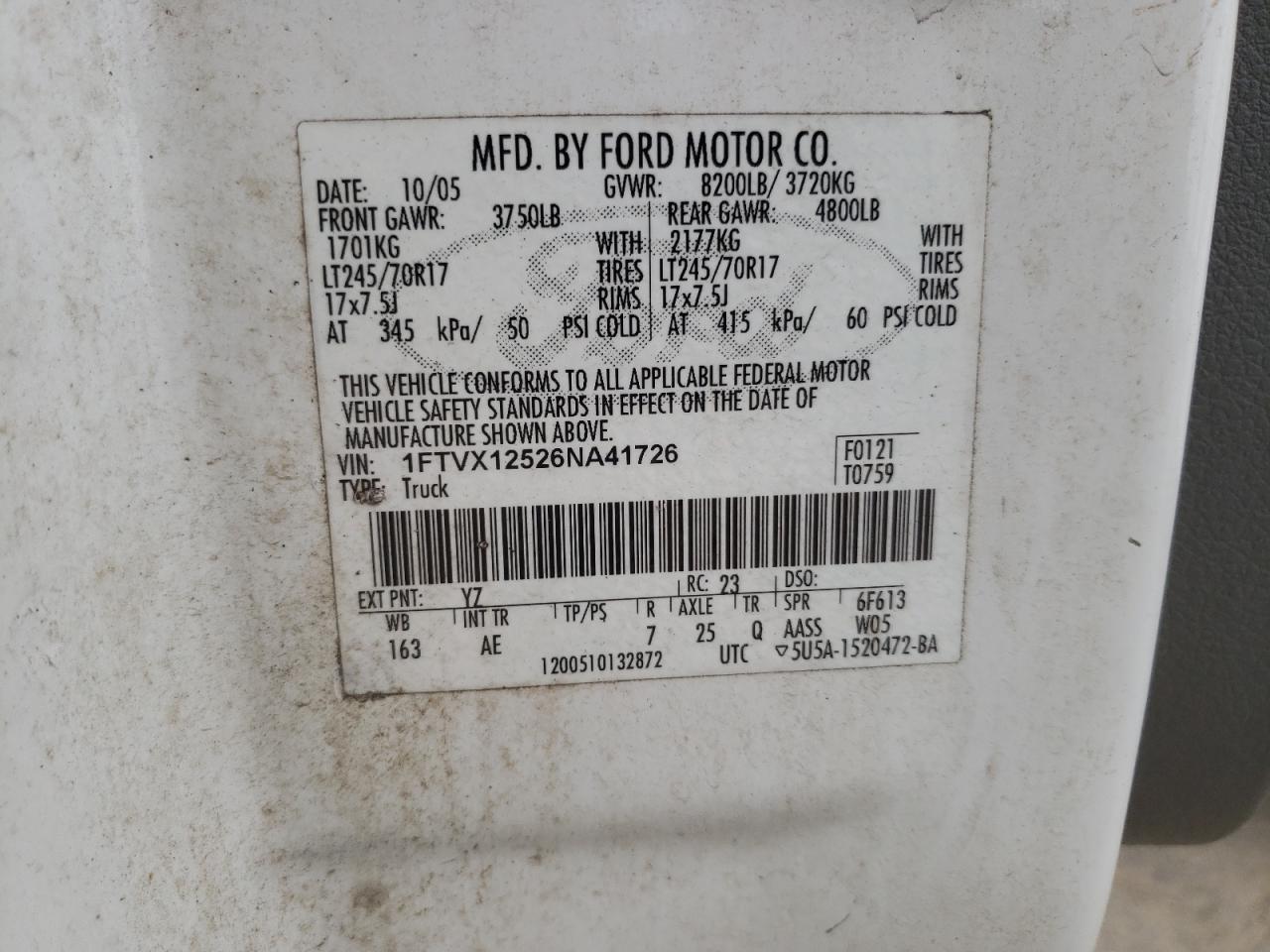 Photo 10 from auction – 2006 FORD F150 with VIN 1FTVX12526NA41726