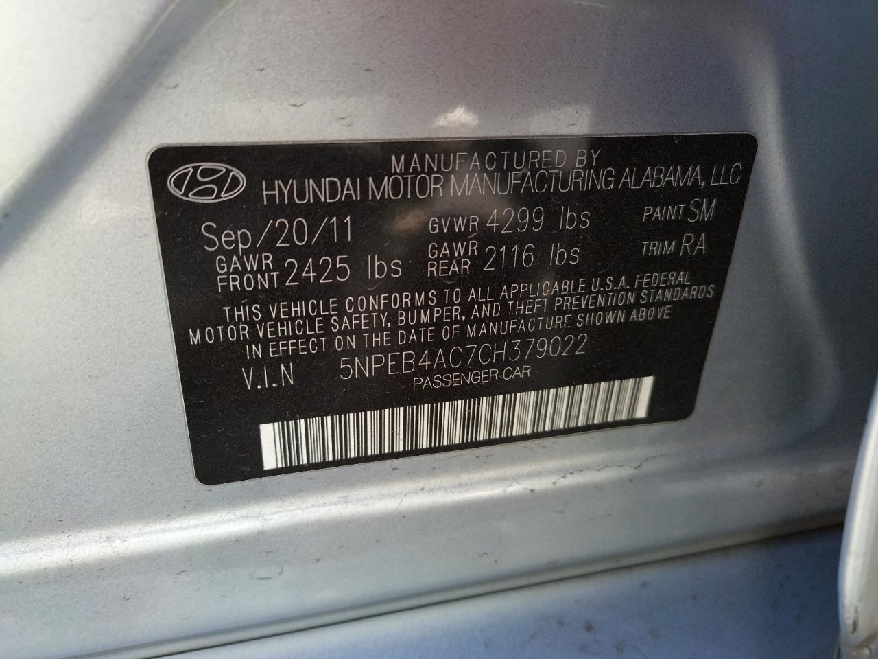 Photo 10 from auction – 2012 HYUNDAI SONATA with VIN 5NPEB4AC7CH379022