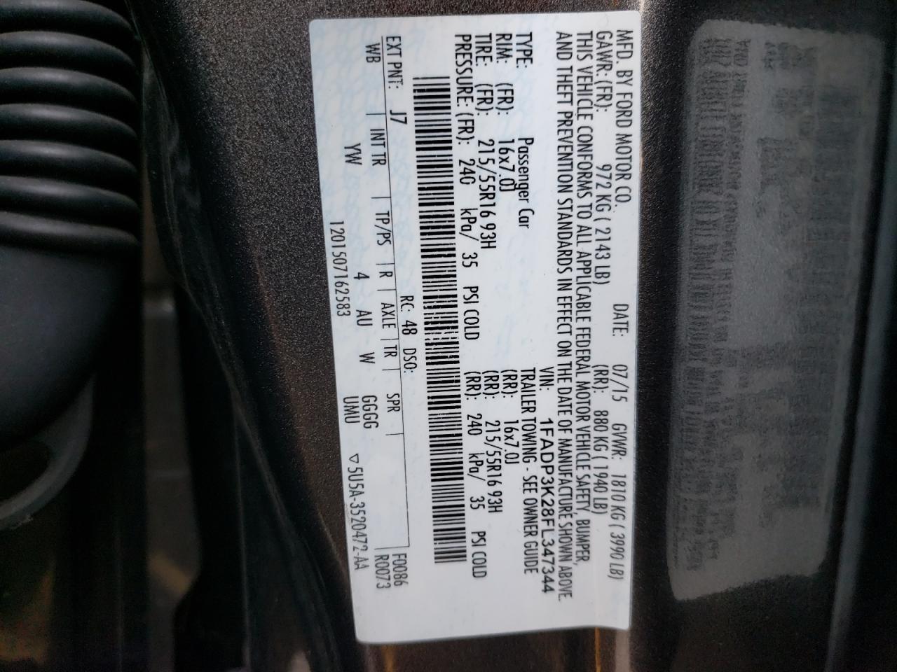 Photo 10 from auction – 2015 FORD FOCUS SE with VIN 1FADP3K28FL347344
