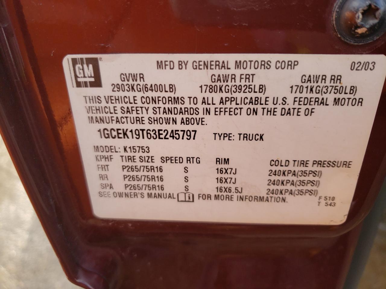 Photo 10 from auction – 2003 CHEVROLET SILVERADO with VIN 1GCEK19T63E245797