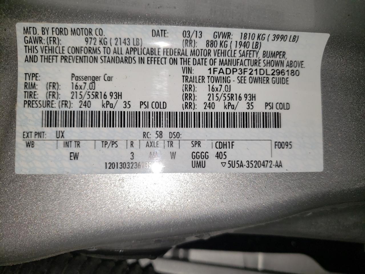 Photo 10 from auction – 2013 FORD FOCUS SE with VIN 1FADP3F21DL296180
