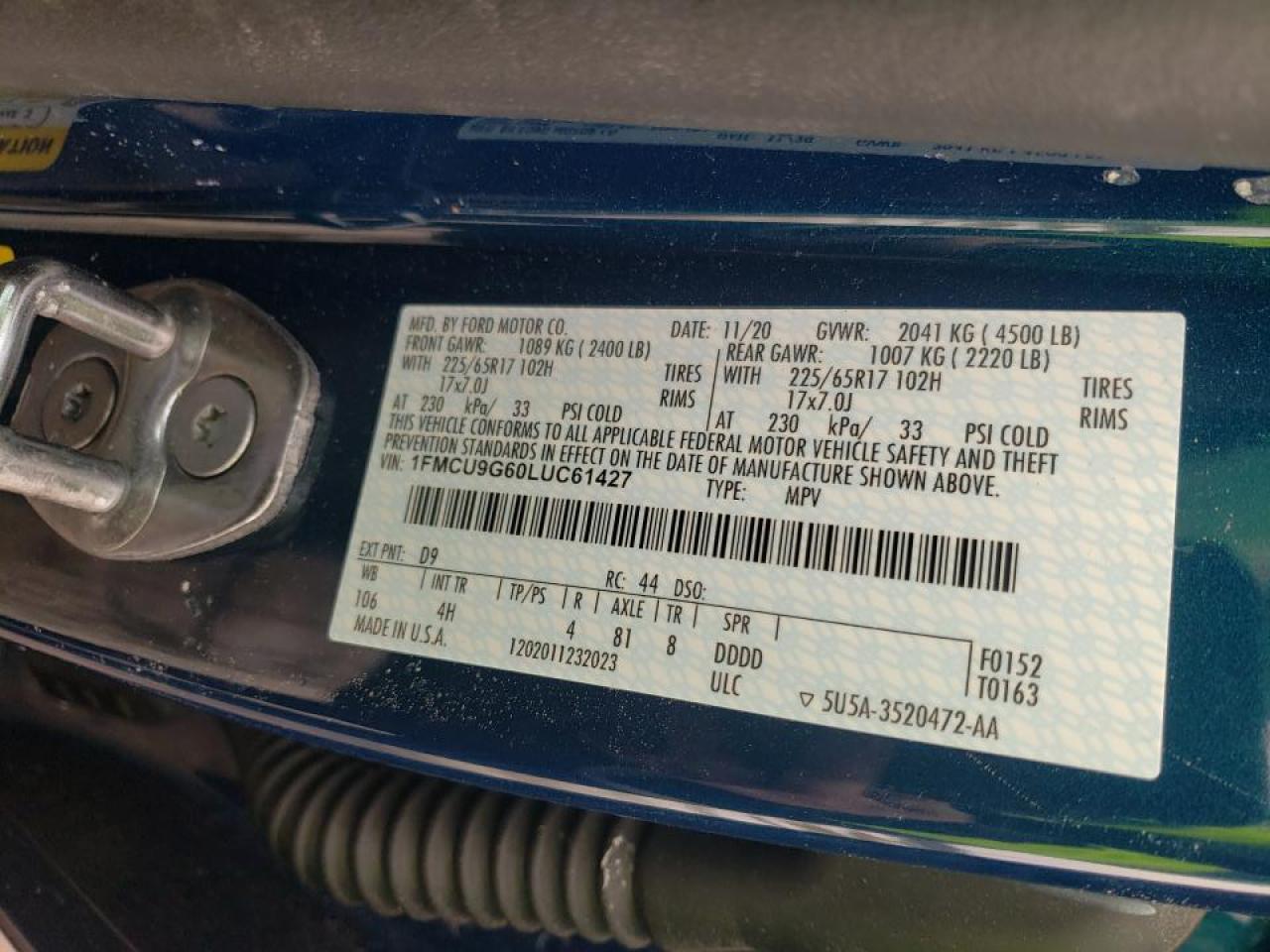 Photo 10 from auction – 2020 FORD ESCAPE SE with VIN 1FMCU9G60LUC61427