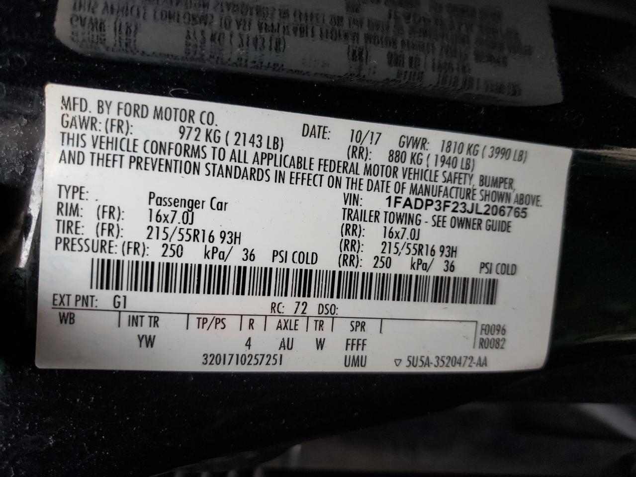 Photo 10 from auction – 2018 FORD FOCUS SE with VIN 1FADP3F23JL206765