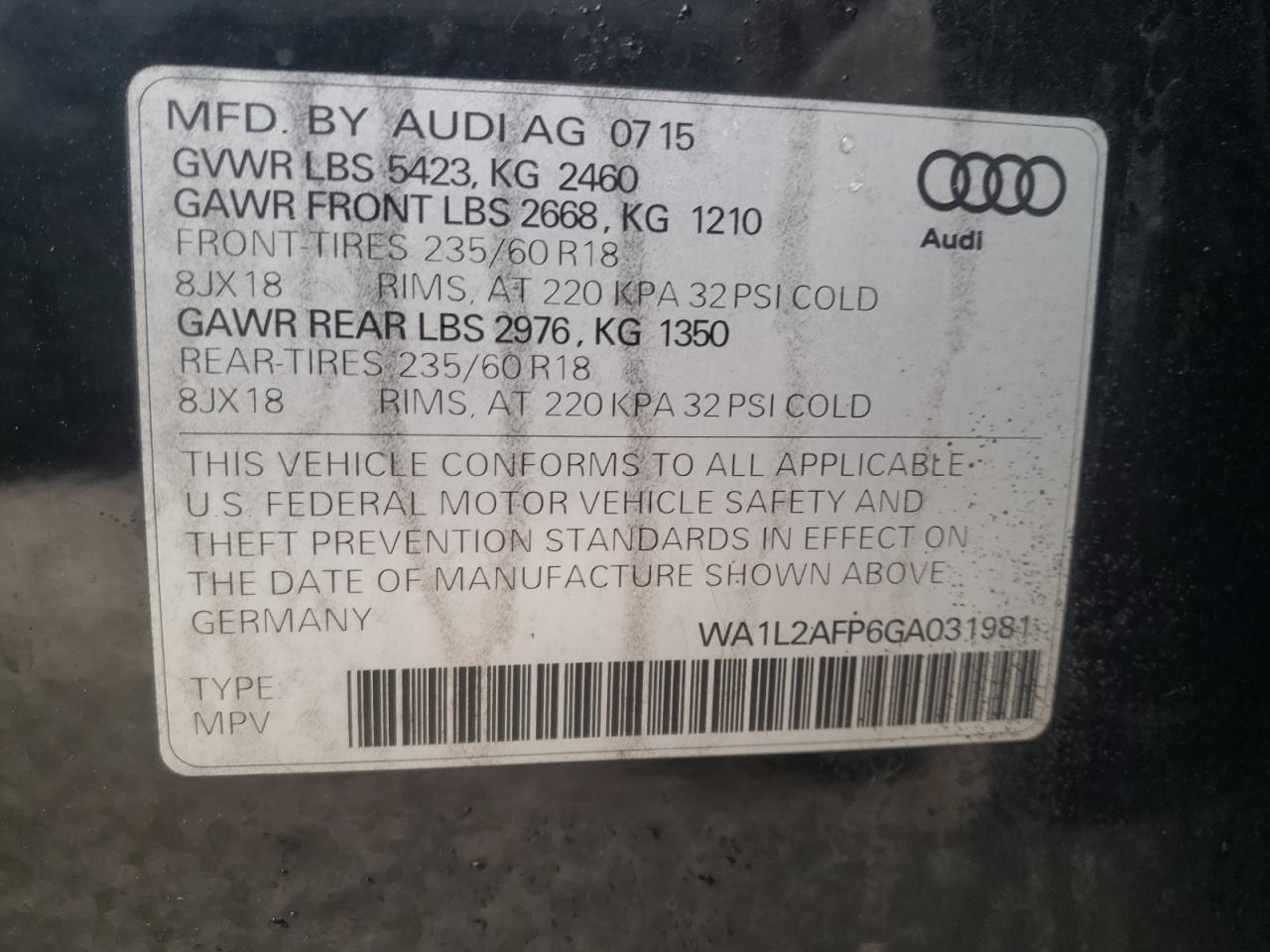 Photo 10 from auction – 2016 AUDI Q5 PREMIUM with VIN WA1L2AFP6GA031981