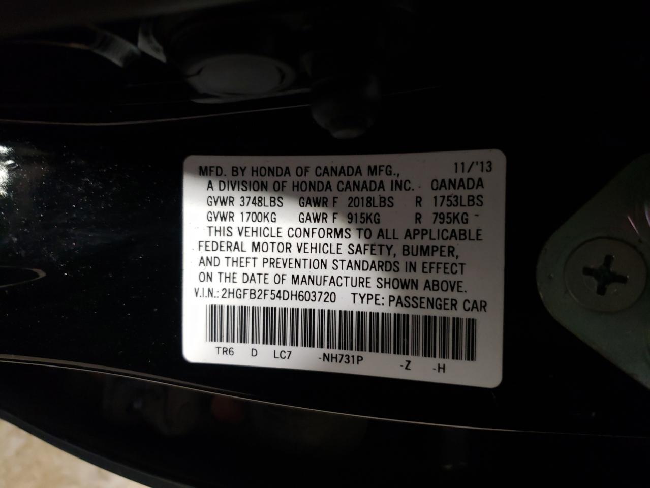 Photo 10 from auction – 2013 HONDA CIVIC LX with VIN 2HGFB2F54DH603720