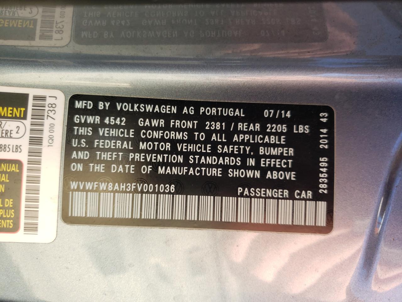 Photo 10 from auction – 2015 VOLKSWAGEN EOS LUX with VIN WVWFW8AH3FV001036