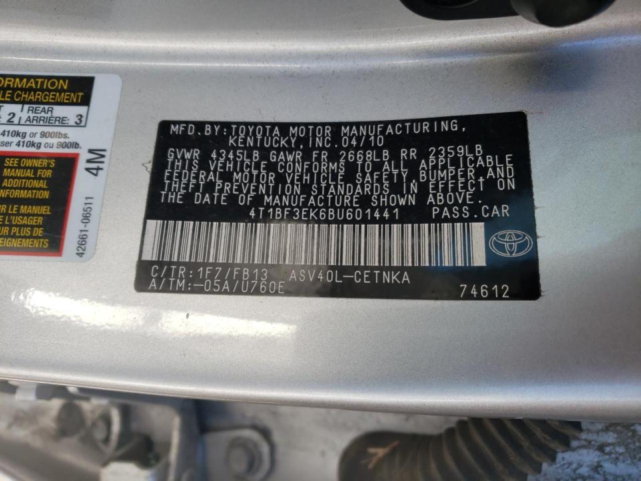 صورة رقم 10 من المزاد - 2011 TOYOTA CAMRY BASE مع VIN 4T1BF3EK6BU601441