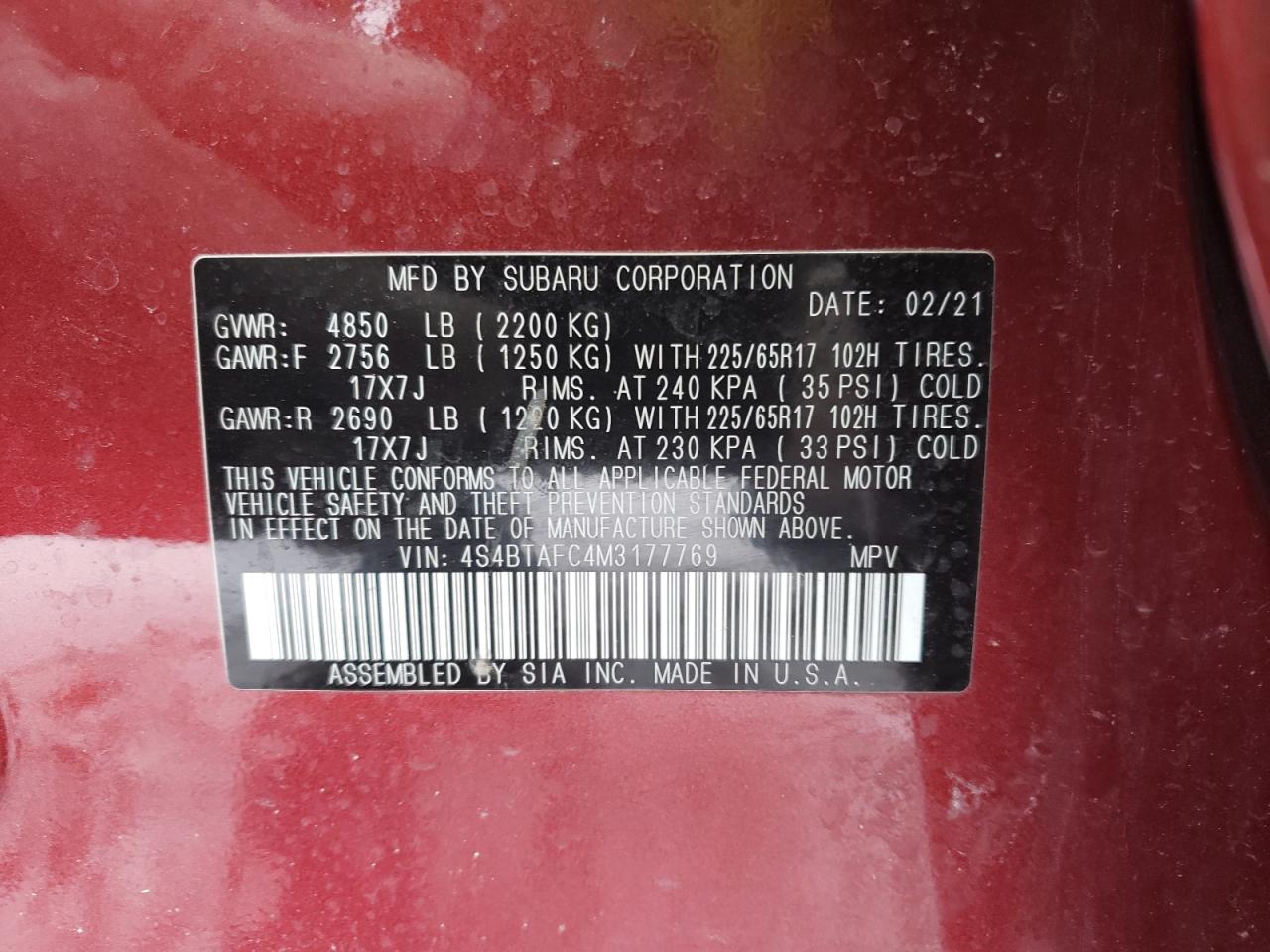 Photo 10 from auction – 2021 SUBARU OUTBACK PR with VIN 4S4BTAFC4M3177769