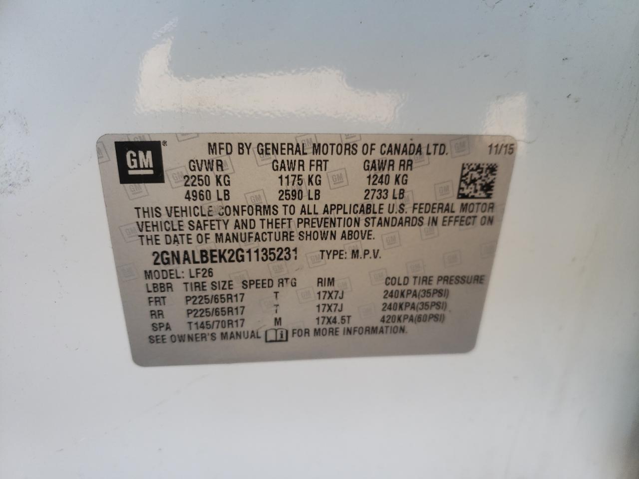 Photo 10 from auction – 2016 CHEVROLET EQUINOX LS with VIN 2GNALBEK2G1135231