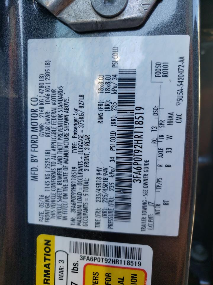 Photo 10 from auction – 2017 FORD FUSION SE with VIN 3FA6P0T92HR118519