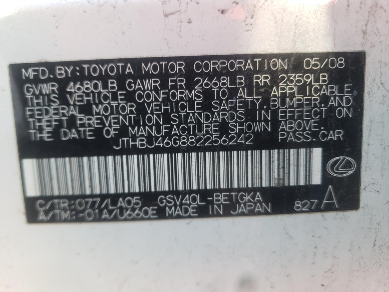 Photo 10 from auction – 2008 LEXUS ES 350 with VIN JTHBJ46G882256242