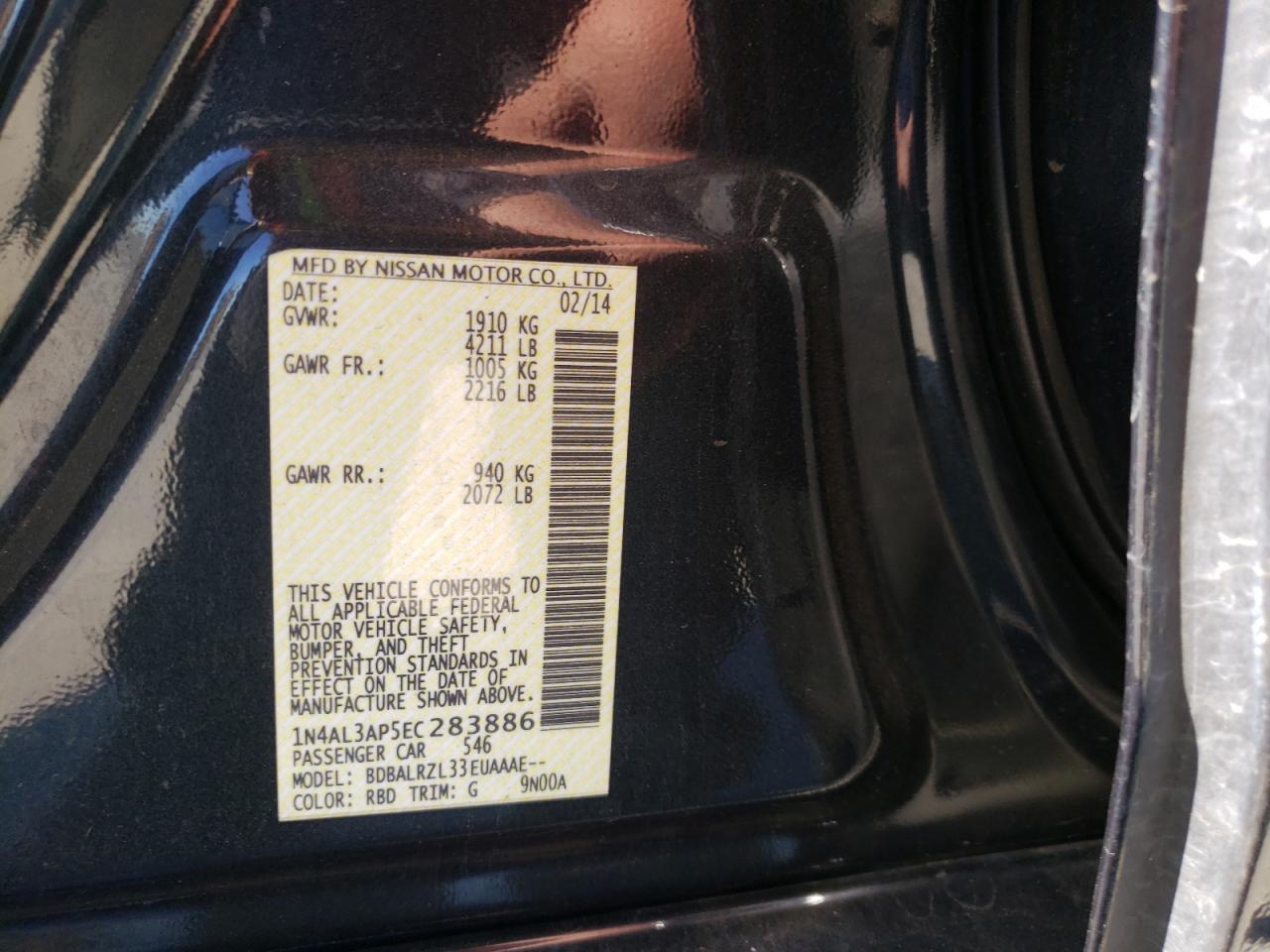 Photo 10 from auction – 2014 NISSAN ALTIMA 2.5 with VIN 1N4AL3AP5EC283886