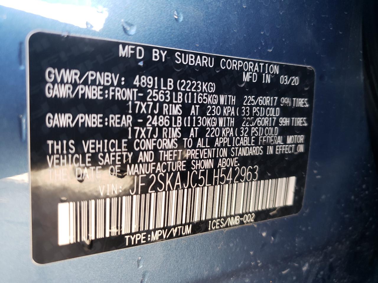 Photo 10 from auction – 2020 SUBARU FORESTER P with VIN JF2SKAJC5LH542963