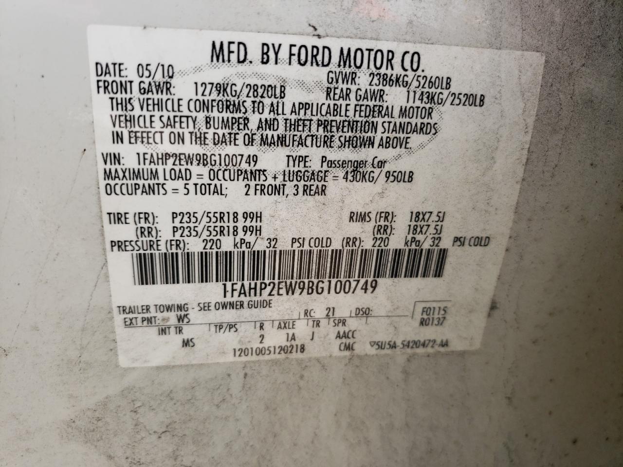 Photo 10 from auction – 2011 FORD TAURUS SEL with VIN 1FAHP2EW9BG100749