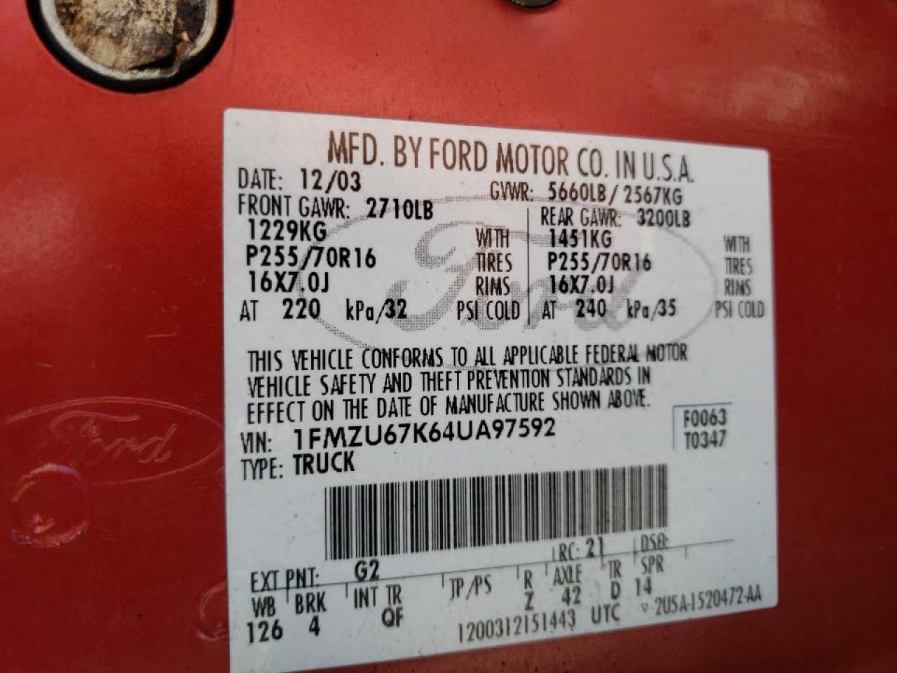 Photo 10 from auction – 2004 FORD EXPLORER S with VIN 1FMZU67K64UA97592