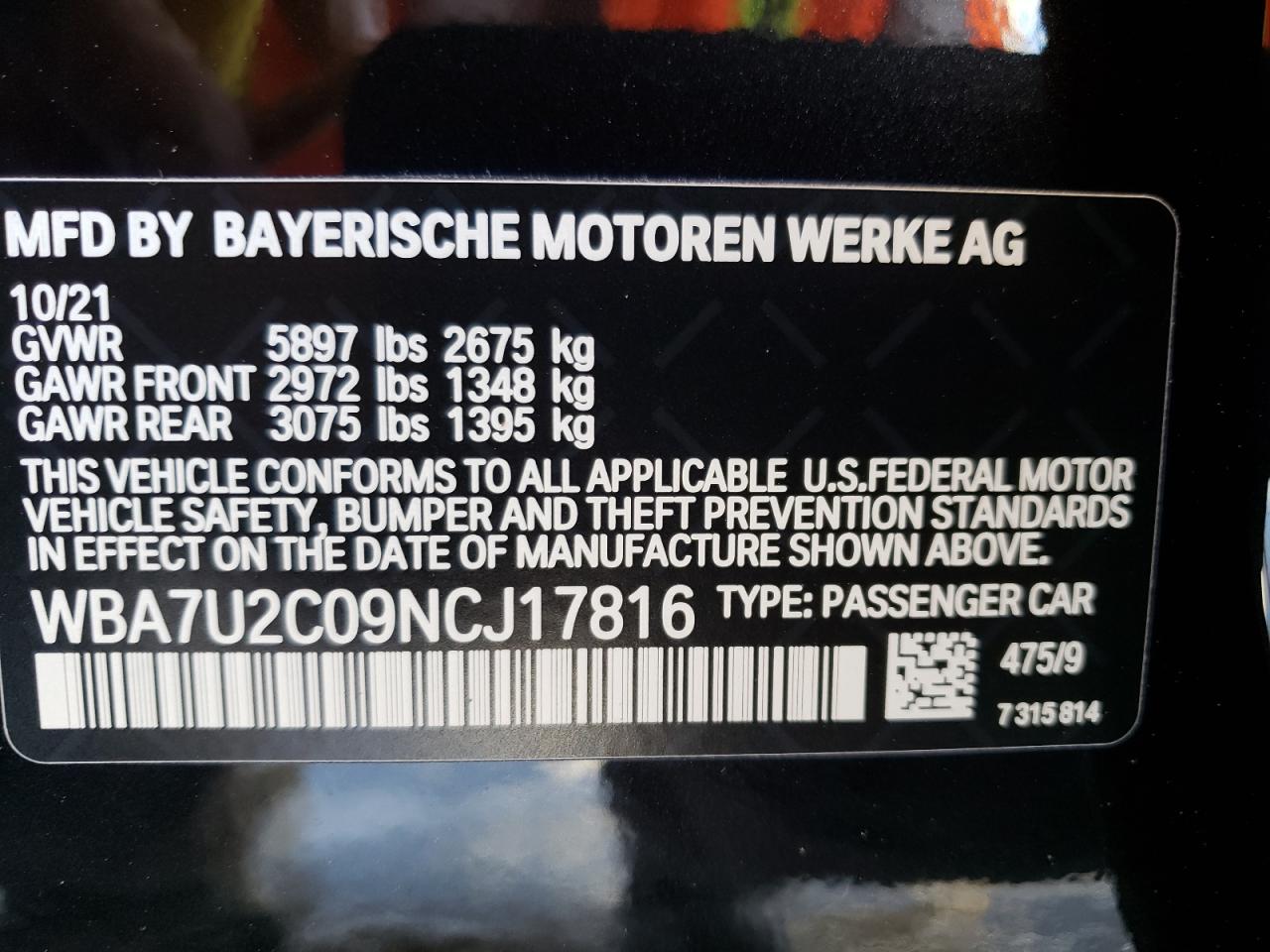 Photo 10 from auction – 2022 BMW 750 XI with VIN WBA7U2C09NCJ17816