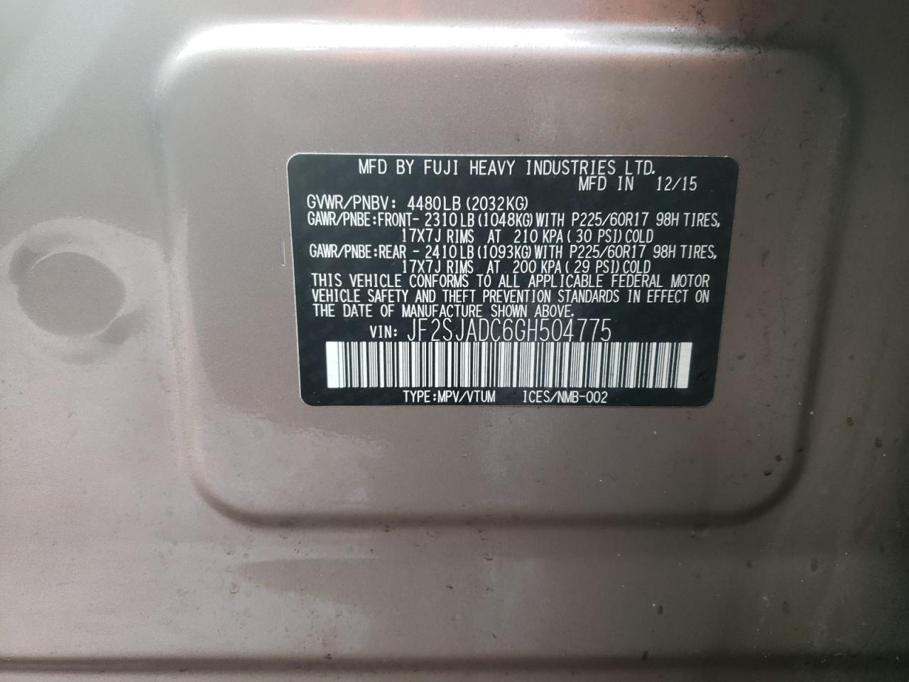 Photo 10 from auction – 2016 SUBARU FORESTER 2 with VIN JF2SJADC6GH504775