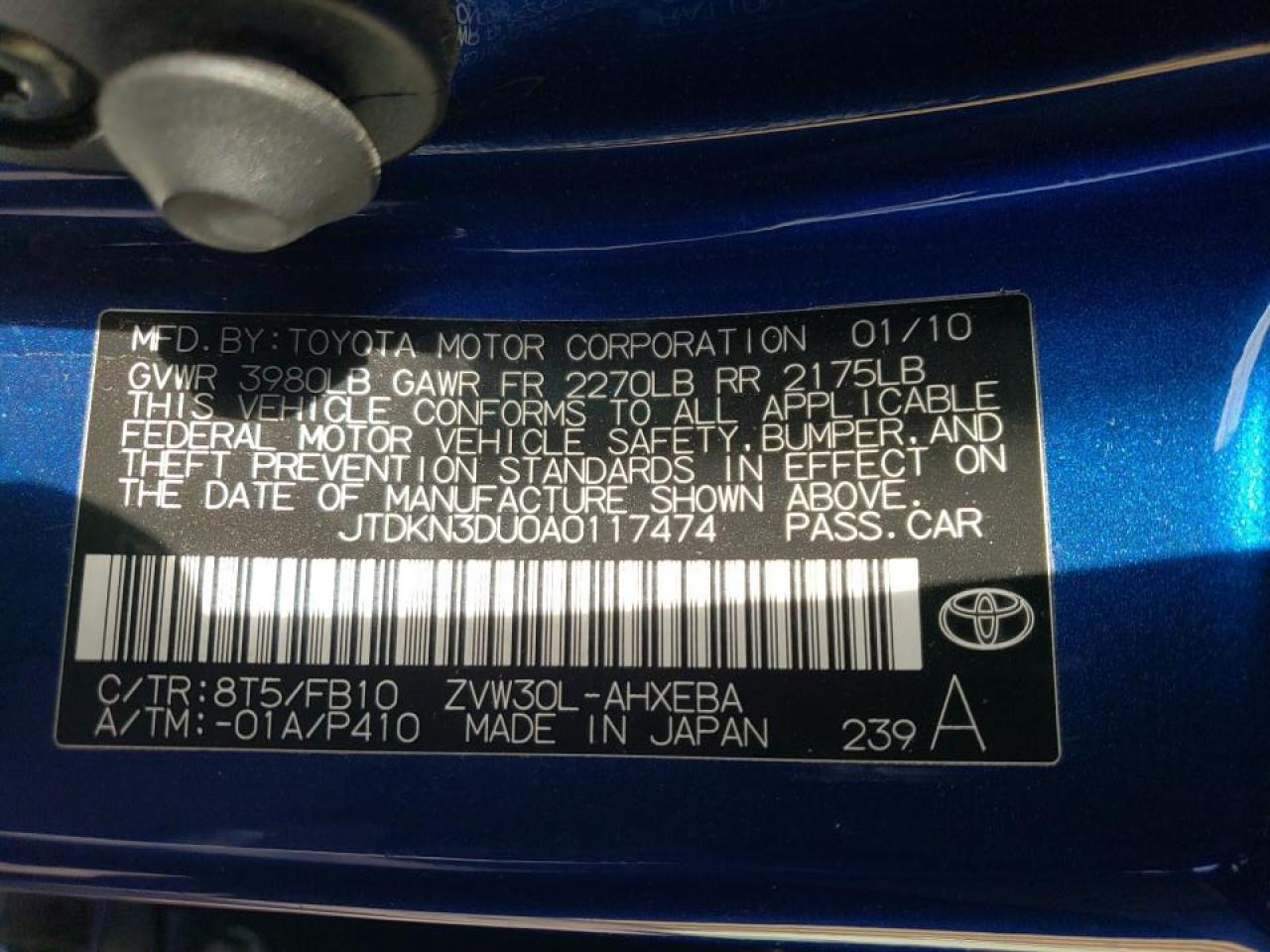 Photo 10 from auction – 2010 TOYOTA PRIUS with VIN JTDKN3DU0A0117474