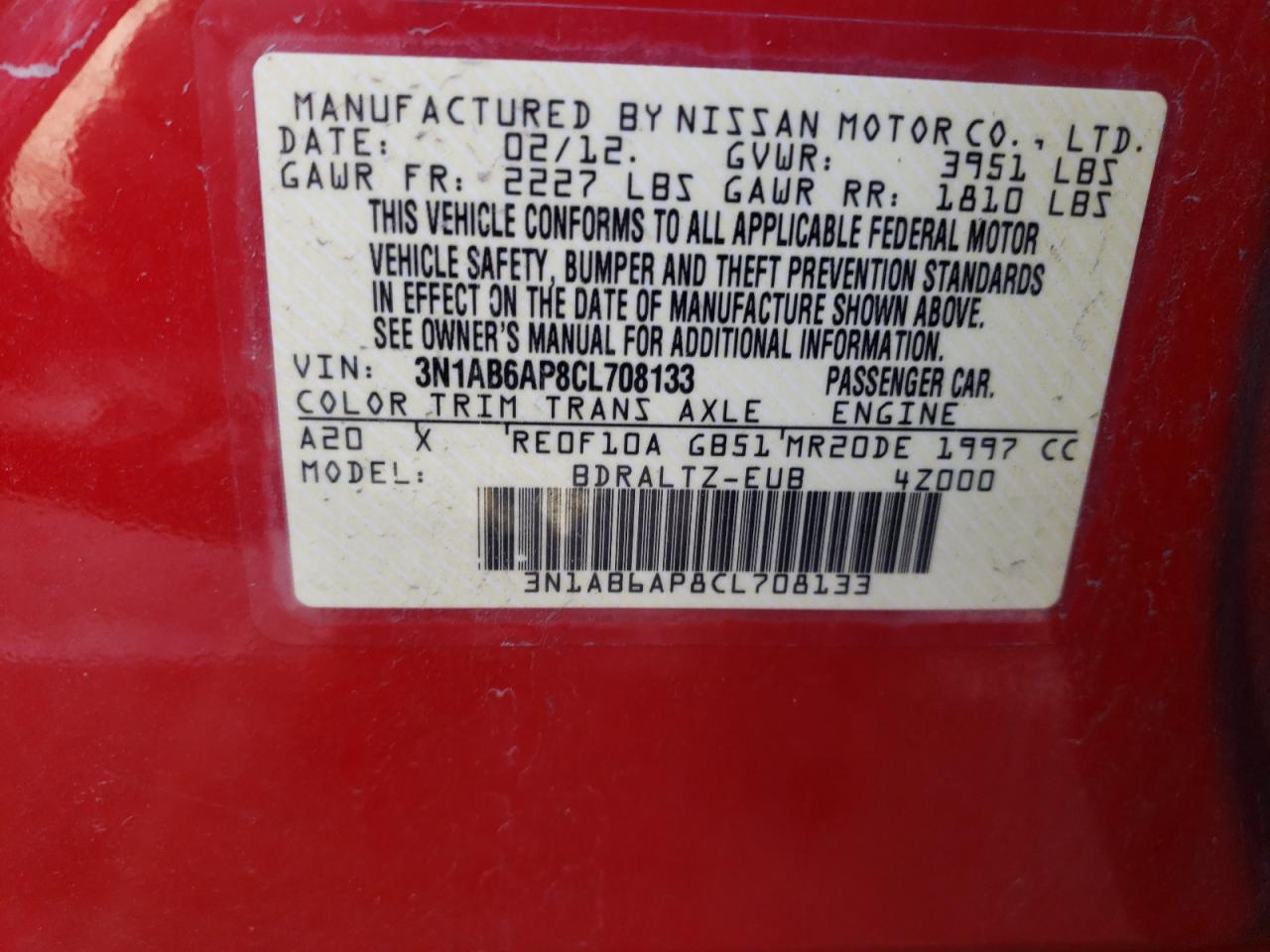 Photo 10 from auction – 2012 NISSAN SENTRA 2.0 with VIN 3N1AB6AP8CL708133