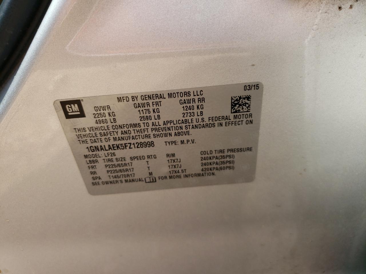 Photo 10 from auction – 2015 CHEVROLET EQUINOX LS with VIN 1GNALAEK5FZ128998