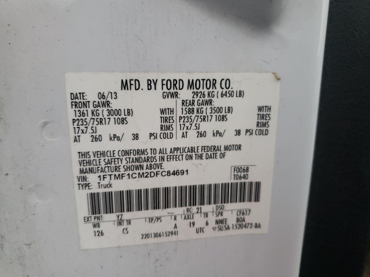 Photo 10 from auction – 2013 FORD F150 with VIN 1FTMF1CM2DFC84691