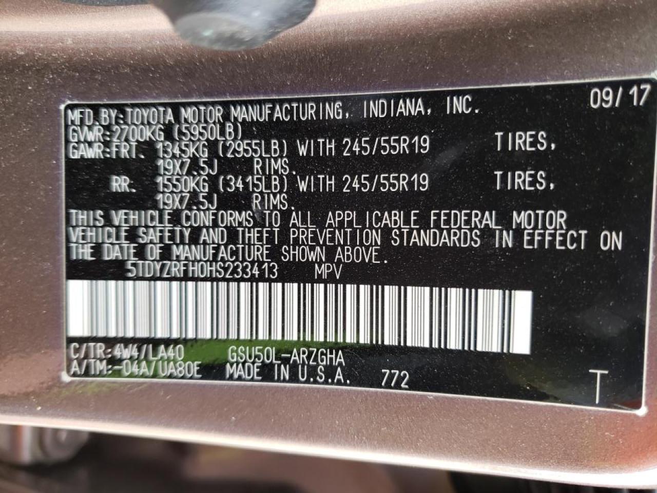 Photo 10 from auction – 2017 TOYOTA HIGHLANDER with VIN 5TDYZRFH0HS233413