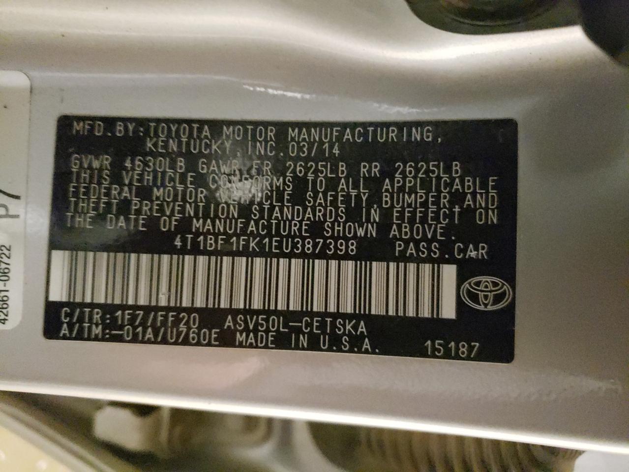 Photo 10 from auction – 2014 TOYOTA CAMRY L with VIN 4T1BF1FK1EU387398