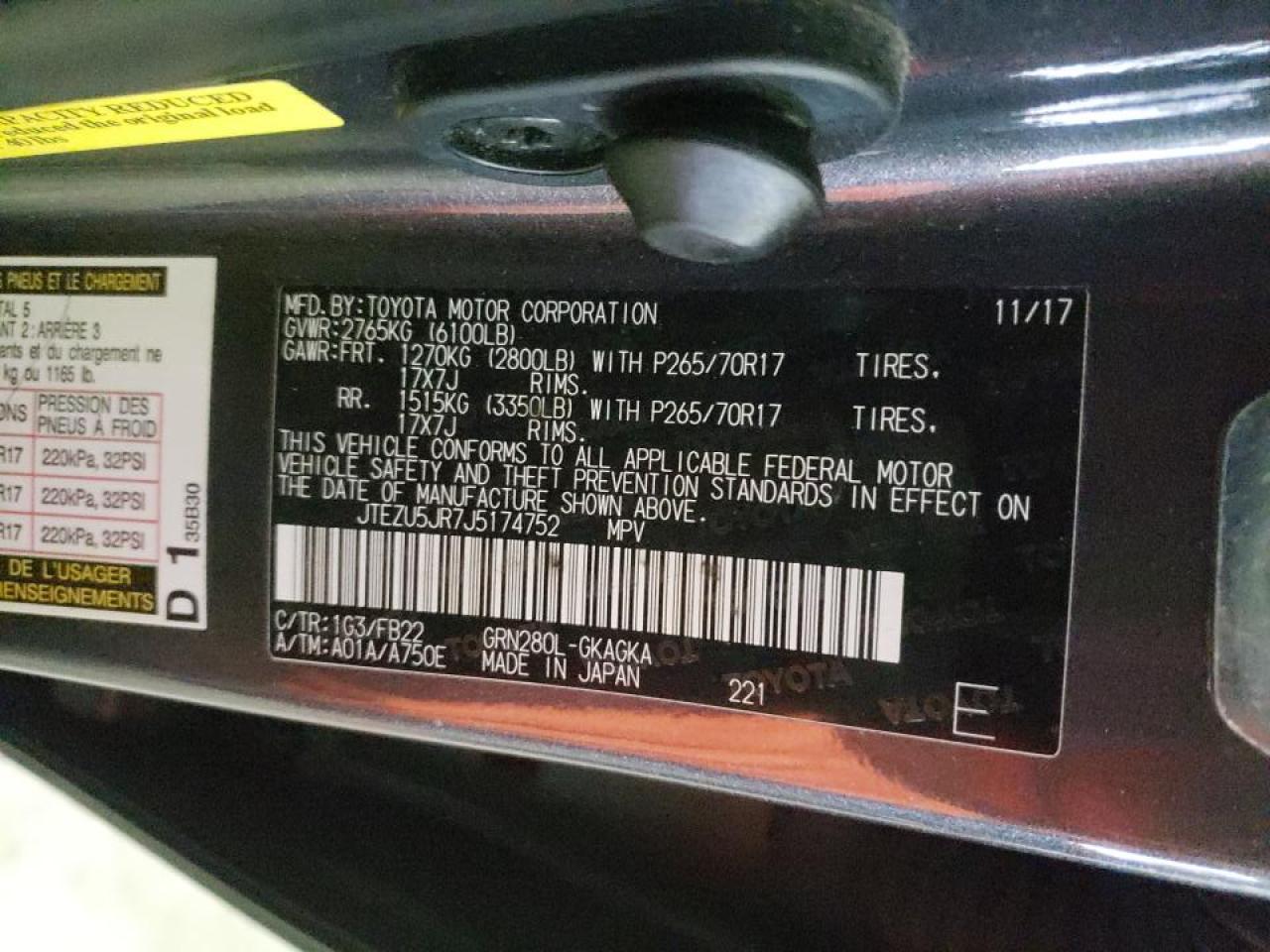 Photo 10 from auction – 2018 TOYOTA 4RUNNER SR with VIN JTEZU5JR7J5174752