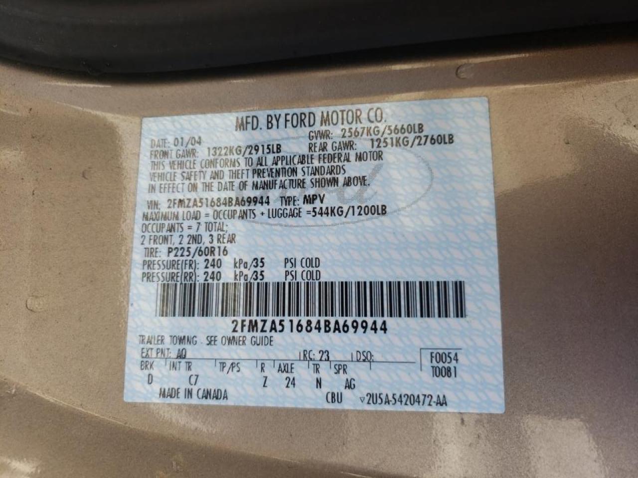 صورة رقم 10 من المزاد - 2004 FORD FREESTAR S مع VIN 2FMZA51684BA69944
