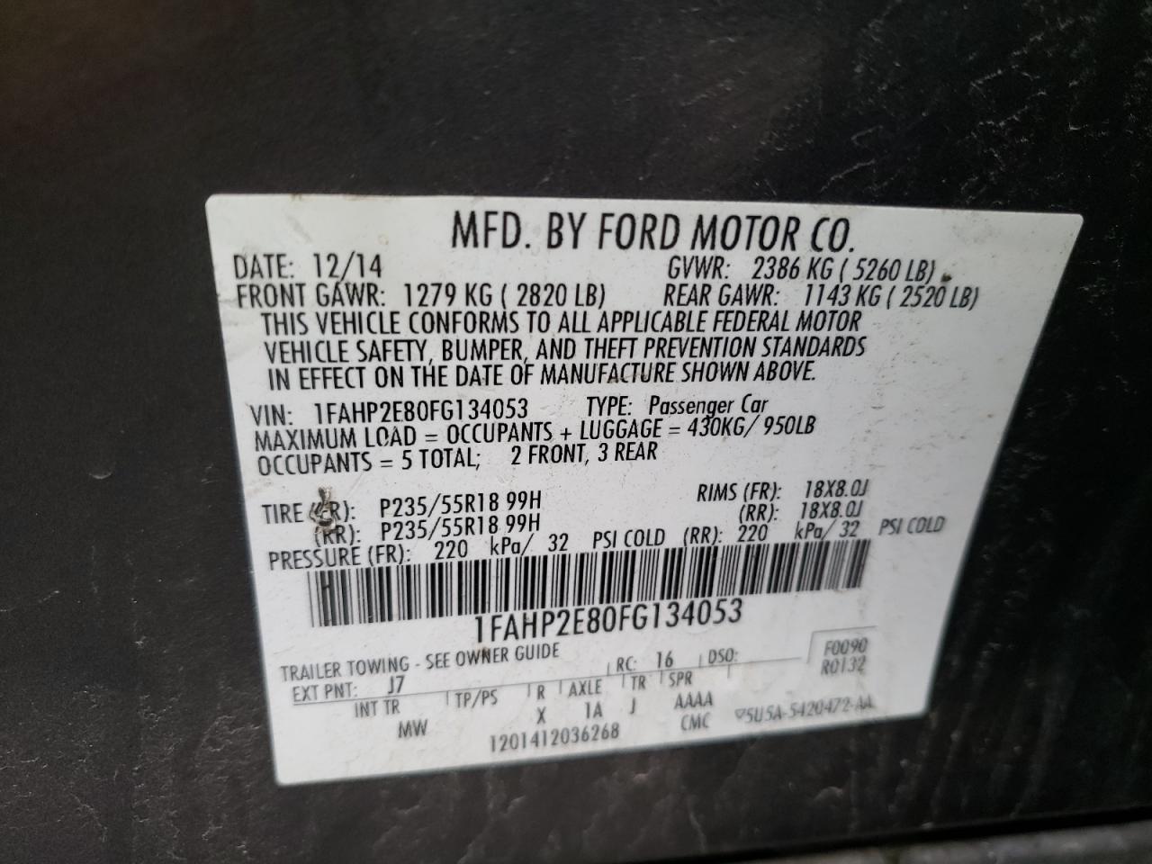 Photo 10 from auction – 2015 FORD TAURUS SEL with VIN 1FAHP2E80FG134053