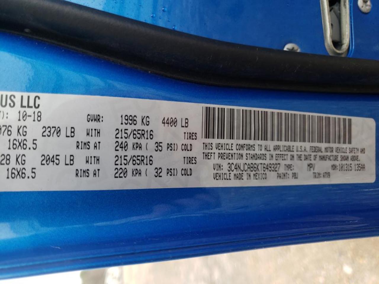 Photo 10 from auction – 2019 JEEP COMPASS SP with VIN 3C4NJCAB6KT649327