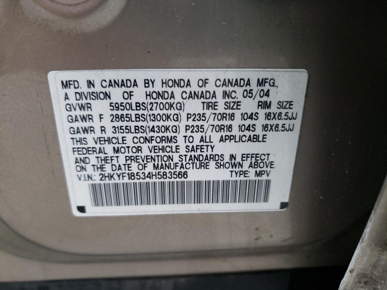 Photo 10 from auction – 2004 HONDA PILOT EXL with VIN 2HKYF18534H583566