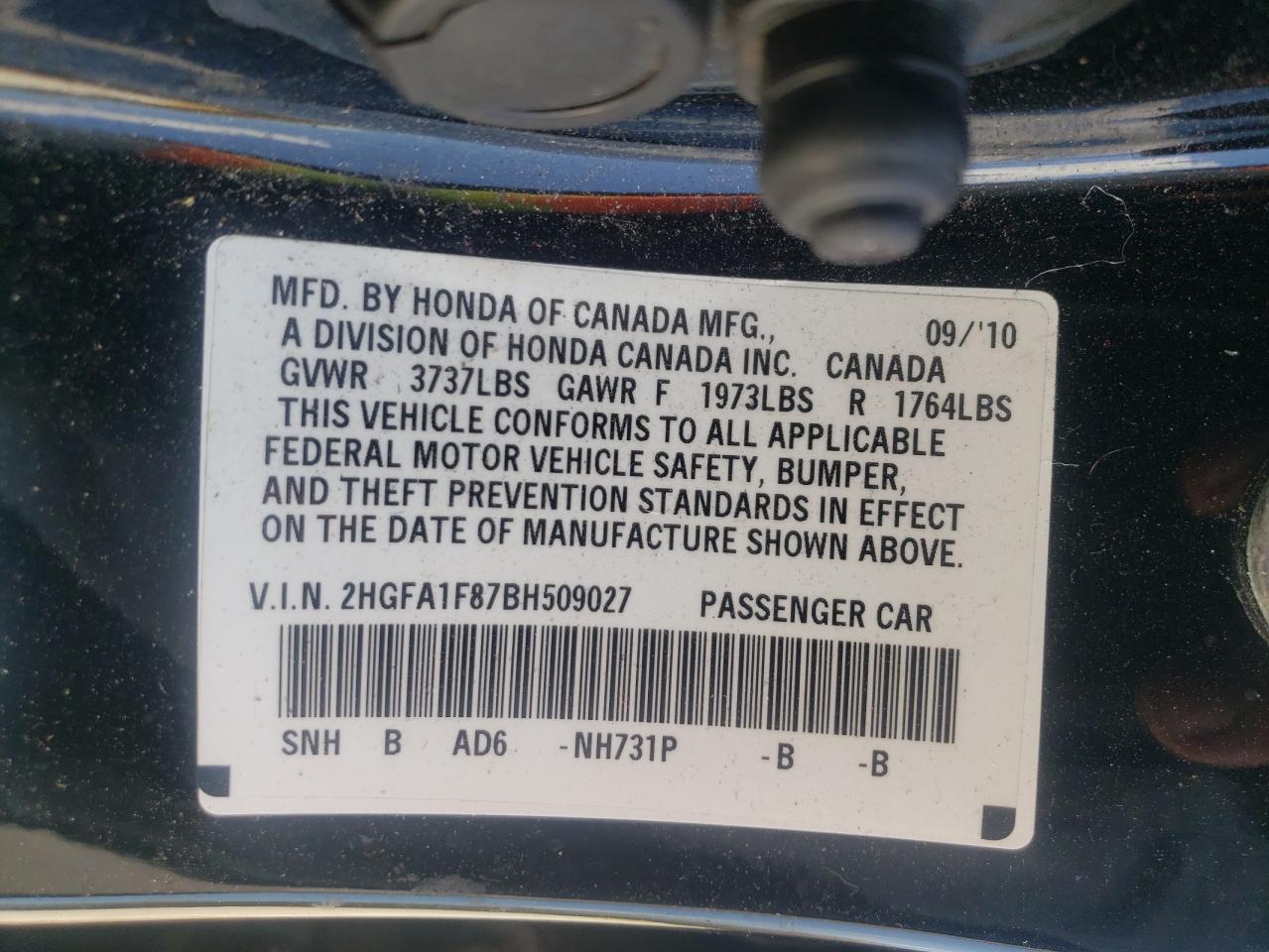 Photo 10 from auction – 2011 HONDA CIVIC EX with VIN 2HGFA1F87BH509027