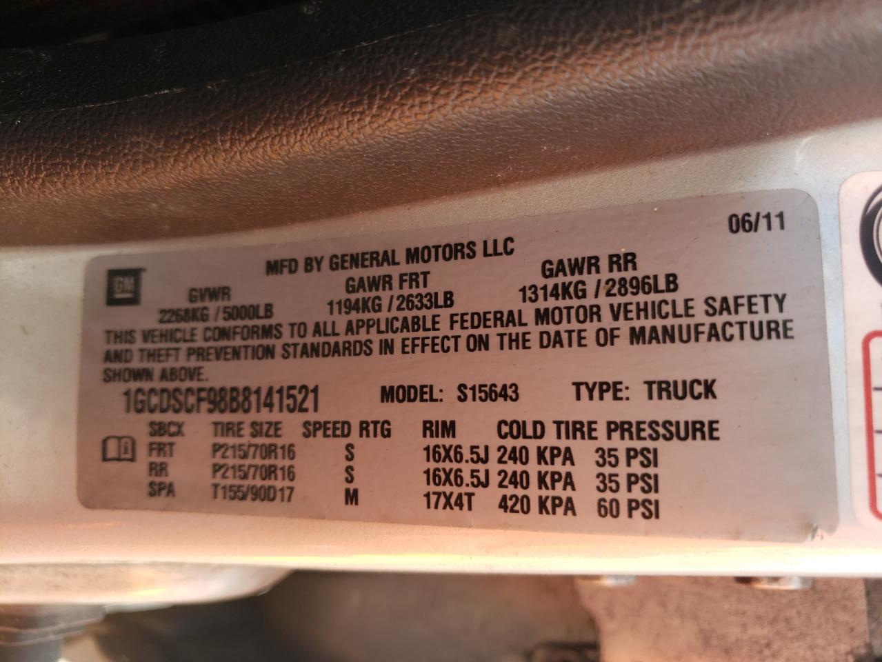 Photo 10 from auction – 2011 CHEVROLET COLORADO L with VIN 1GCDSCF98B8141521