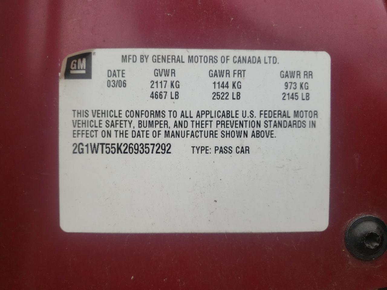 Photo 10 from auction – 2006 CHEVROLET IMPALA LT with VIN 2G1WT55K269357292
