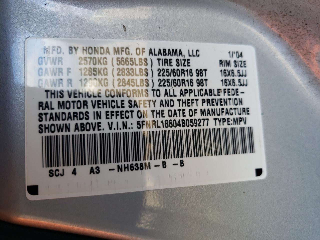 Photo 10 from auction – 2004 HONDA ODYSSEY EX with VIN 5FNRL18604B059277