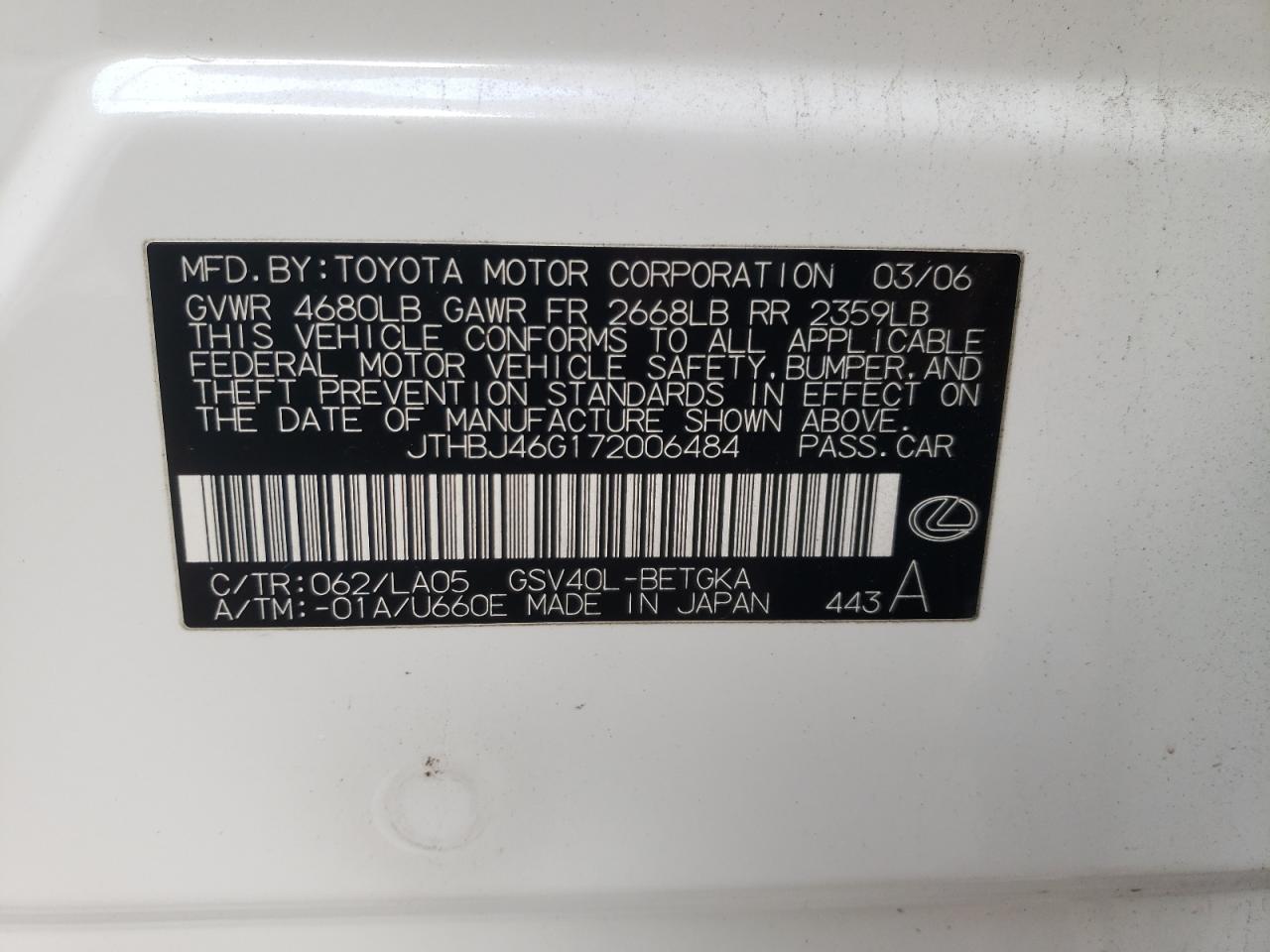 Photo 10 from auction – 2007 LEXUS ES 350 with VIN JTHBJ46G172006484