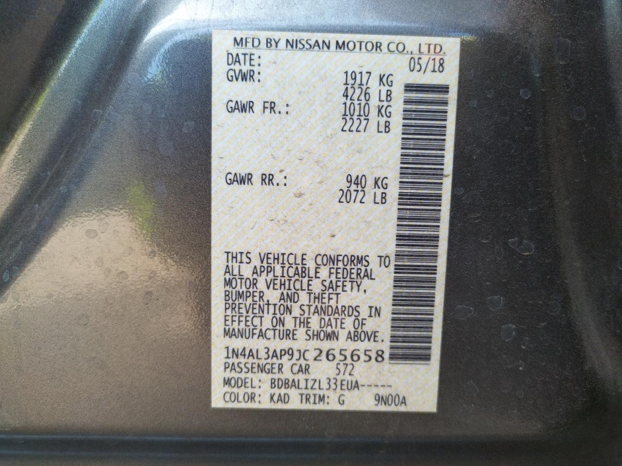 Photo 10 from auction – 2018 NISSAN ALTIMA 2.5 with VIN 1N4AL3AP9JC265658